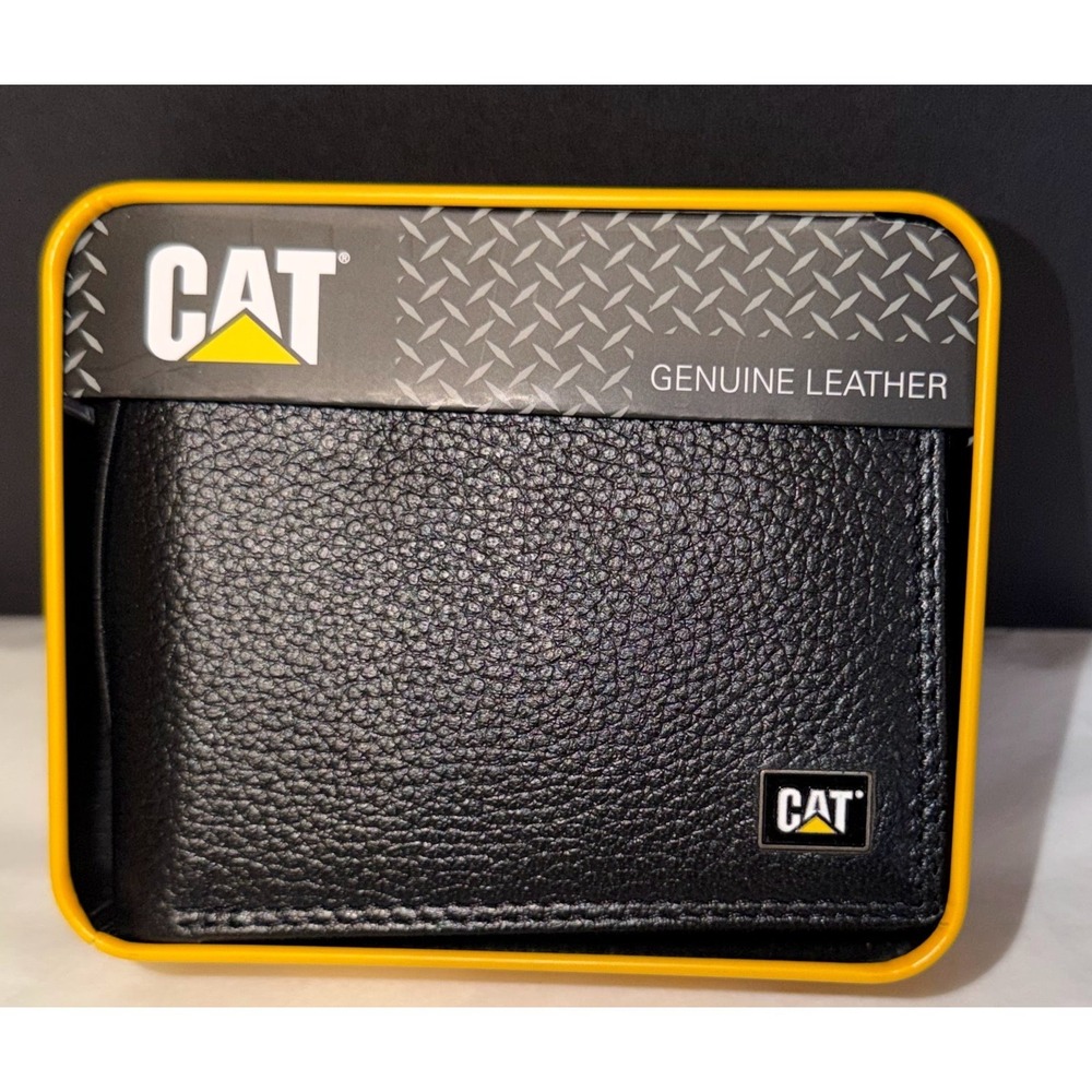 CAT Bifold Wallet Mens Black Leather RFID Shield Gift Tin